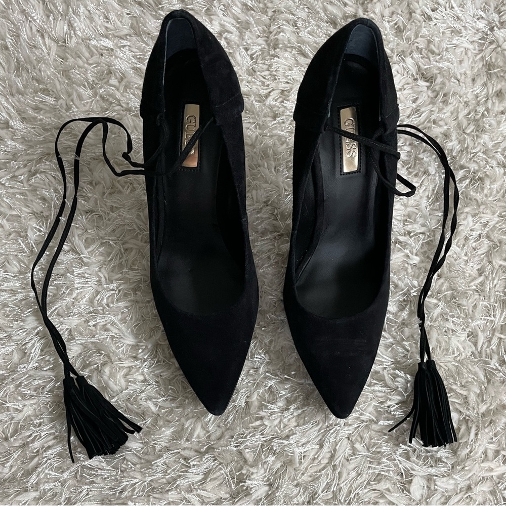 Guess Black Suede Pointed Toe Ankle Lace Up Tassel Tie Heels
